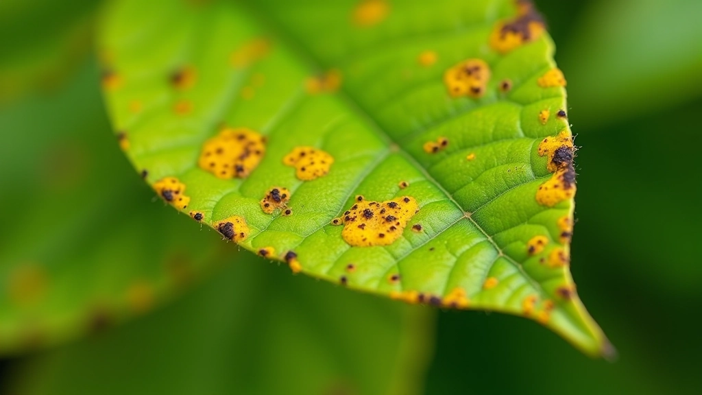 Hastalıklı bitki yapraklarının yakın çekimi, sarı ve kahverengi lekeler görülüyor