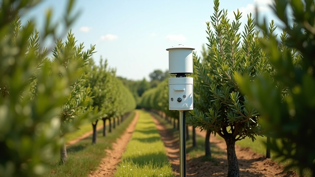 Bahçede sensör ağı kurulmuş, merkezi kontrol paneli gösteriliyor